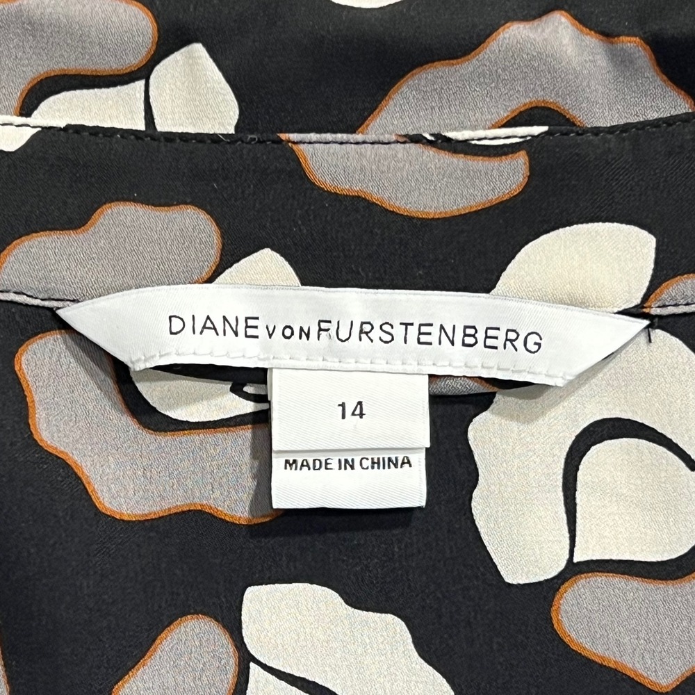 Diane von Furstenberg DVF Black White‎ Floral Rose Silk Blend Shirt Dress 14 EUC - Picture 7 of 12